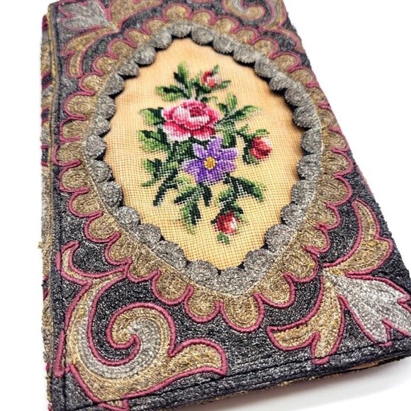 Rare Antique French Petit Point Embroidered Tapestry 19th Clutch Wallet Bag HTF - Picture 2 of 13
